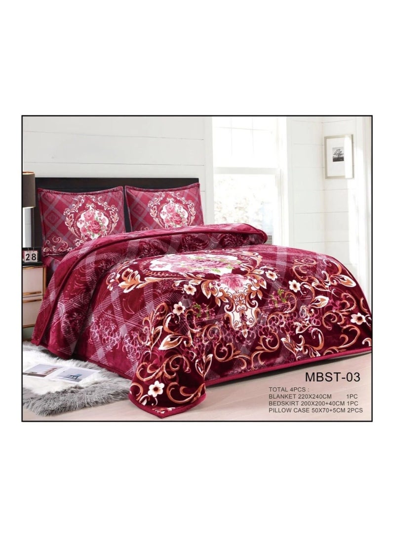 A set of 4 pieces with a patterned, embossed, double-layered blanket that is extremely soft (8 kg)